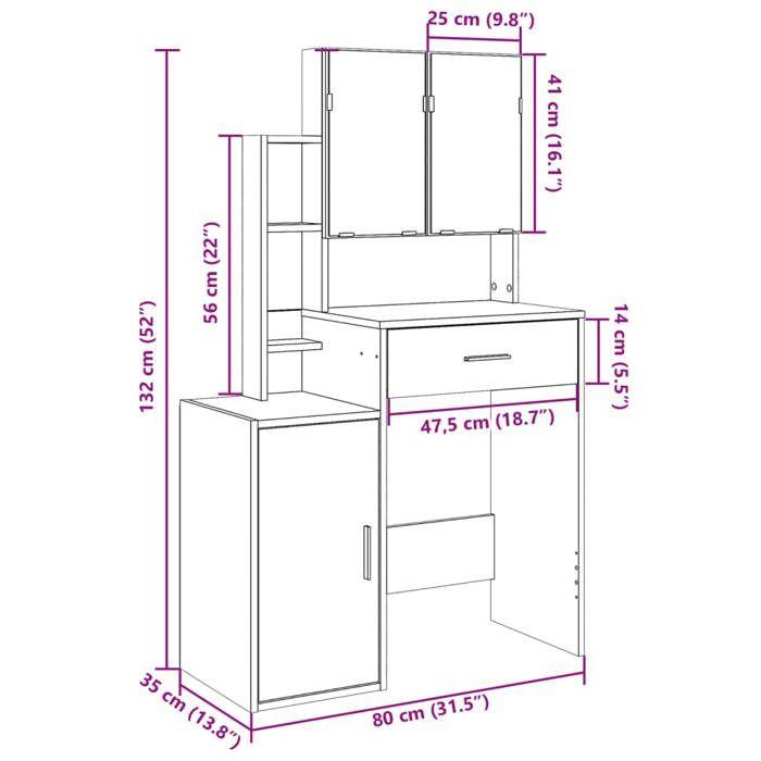 VidaXL Coiffeuse avec armoire noir 80x35x132 cm, table de maquillage, coiffeuse de chambre à coucher, coiffeuse avec miroir, 848235