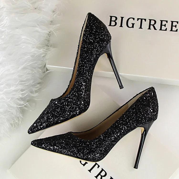 Dames Pumps Mode Hoge Hakken Bruiloft Feest Bling Dames Hakken Glitter Vrouwen Pumps Schoenen Vrouw Rood Goud Zilver Stiletto 39 gray