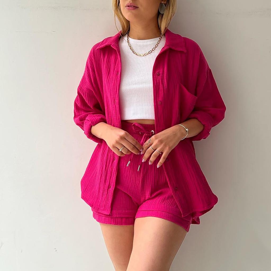 Femei 2 piese guler cu mâneci lungi cămașă ținute bluză cu nasturi și pantaloni scurți cu șnur cu talie înaltă Set de trening