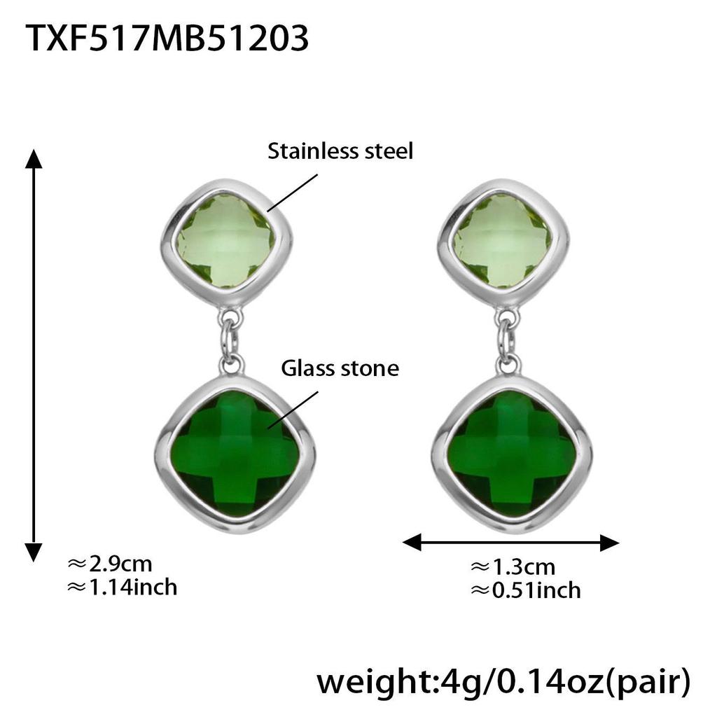 Geometric Glass Stone Earrings & Stainless Steel Bead Necklace Bracelet Set - Multi-color Patchwork Jewelry