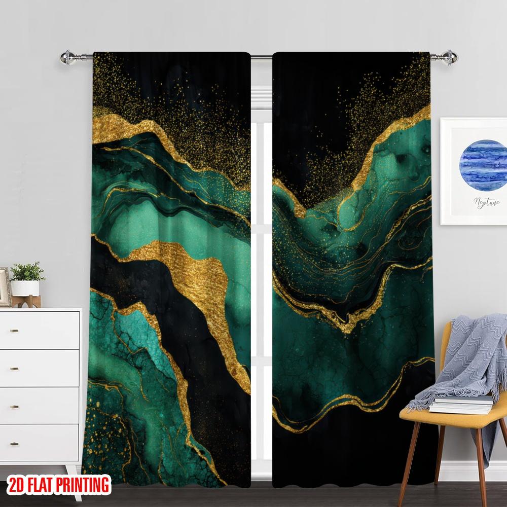 Set aus 2 flachen Druck-Partyvorhängen Smaragd Gold Marmorstruktur Polyester Ohne Strom Festliche Feiertagsnutzung Hauswand Hergestellt