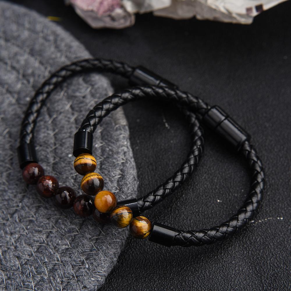 High Quality Leather Bracelet Lava Chakra Stone Beads Black Tiger Eye Bracelets Magnetic Buckle Bangles Braid Rope Chain for Men