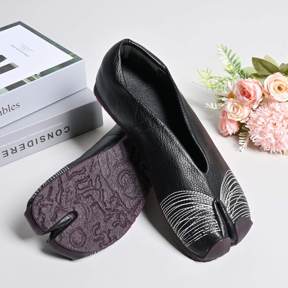 

Spring Autumn Microfiber Leather Split Toe Women Loafers Pleated Designer Low Heeled Tabi Soft Soles Flats Casual Shoes 42 чёрный