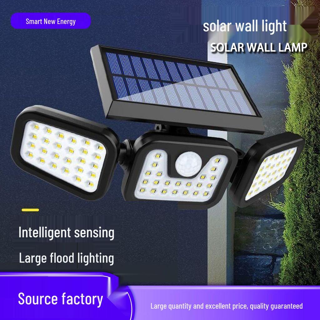 New Rotatable LED Solar Wall Lamp - Three-Head, Waterproof, Motion Sensor, Outdoor Courtyard and Street Light