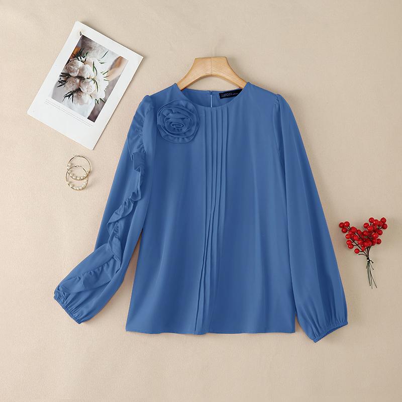 ZANZEA Women 3D Floral Splice Casual Round Neck Long Sleeve Blouse