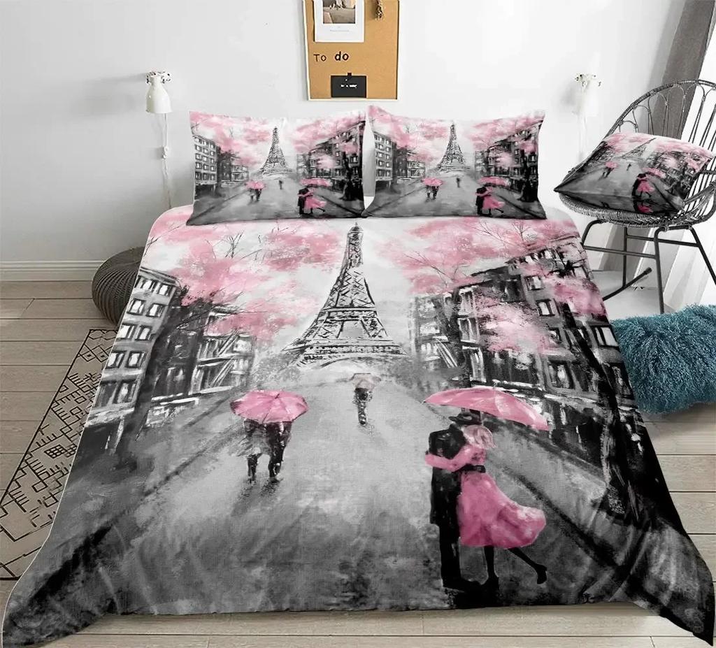Eiffel Tower Paris Theme Comfortable Duvet Quilt Cover Pillowcase Bedding Set Children Bedroom Decoration Home Textile