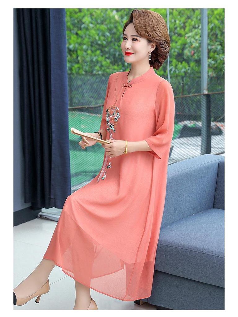 2022 Embroidered Chiffon Cheongsam Hanfu Dress - Summer Ethnic Style for Middle-Aged & Elderly Mothers