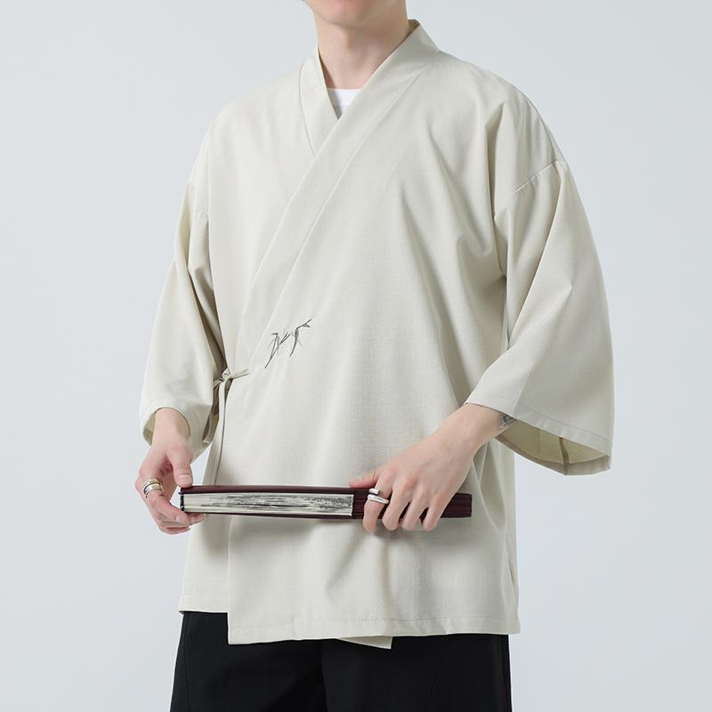 Summer Men Traditional Tees Tops Men Vintage Casual Three Quarter Sleeve V-neck Cardigan Male Streetwear Open Stitch Shirts