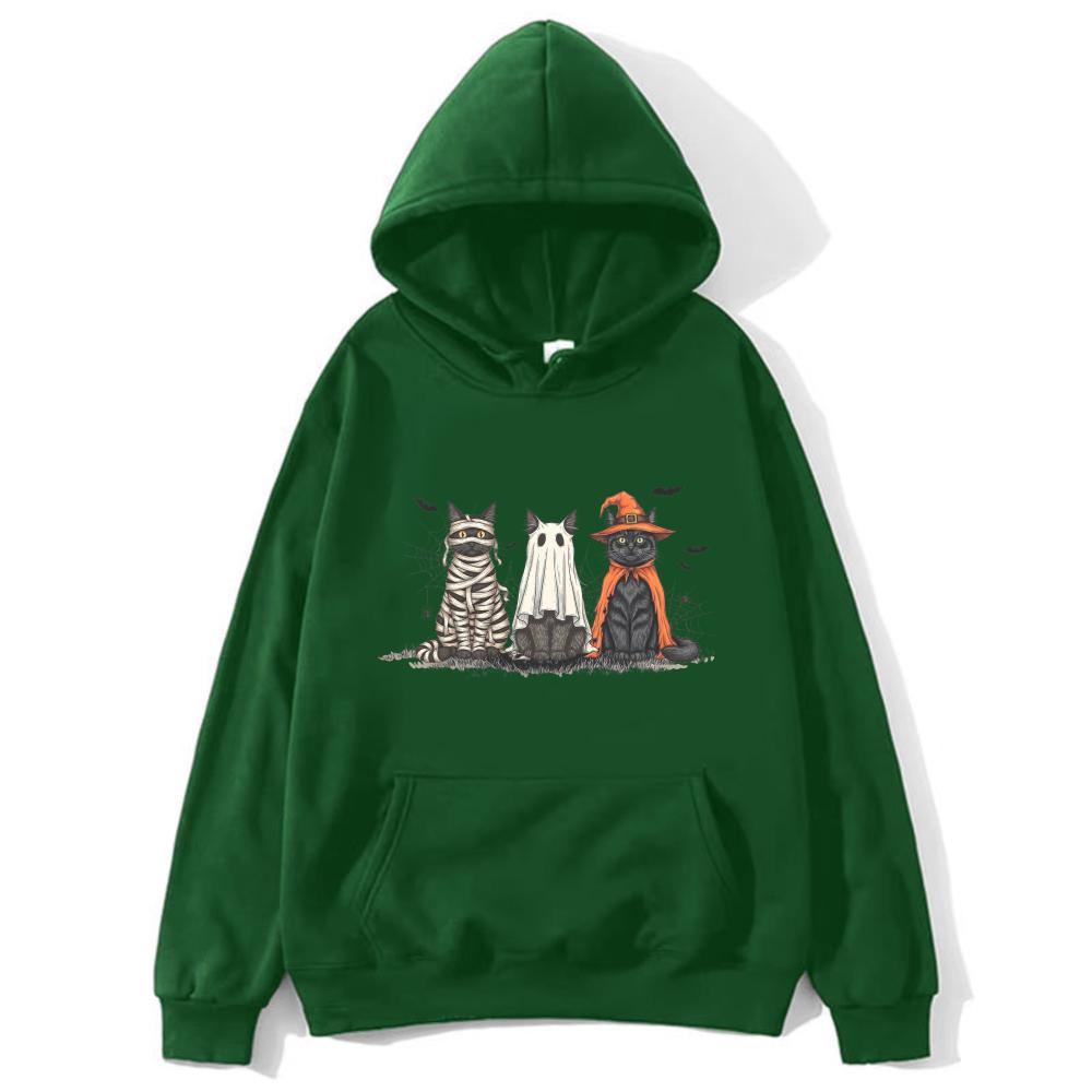 Halloween Costume Cat Women Hoodie Unisex Trendy Outerwear Mummy Ghost Witch Feline Bat Web Accents Casual Fashion Autumn Pullovers