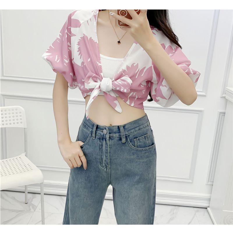 

Button-Free Cardigan Waist-Controlled Lace-up All-Matching Shirt Short Sleeve Light purple Print S