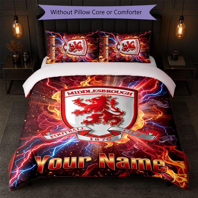 Set Biancheria da Letto Personalizzato Middlesbrough FC con Nome Testo 1 Copripiumino + 2 Federe Logo Calcio Regalo Personalizzato per Occasioni Speciali Decorazione Camera da Letto