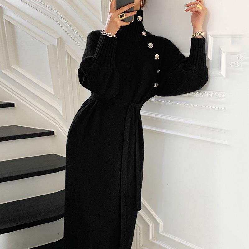 Spring 2026 French Style Elegant Knit Dress for Women - Long, Below-Knee, Ideal Inner Wear for Coats