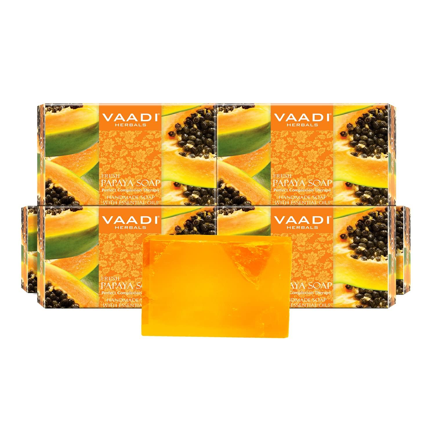 

Vaadi Herbals Fresh Papaya Bath Soap Bars For Smooth Radiant Skin Gentle Cleansing Daily Body Care 75 g Each X Pack Of 6