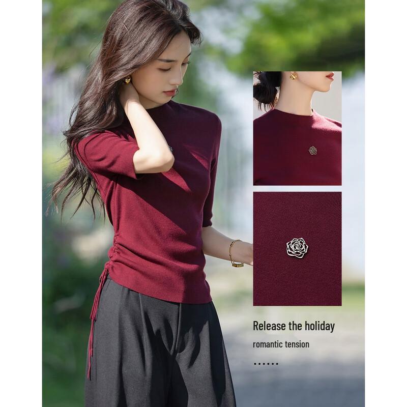 Women's Slim-Fit Drawstring Semi-High Collar Knit Top