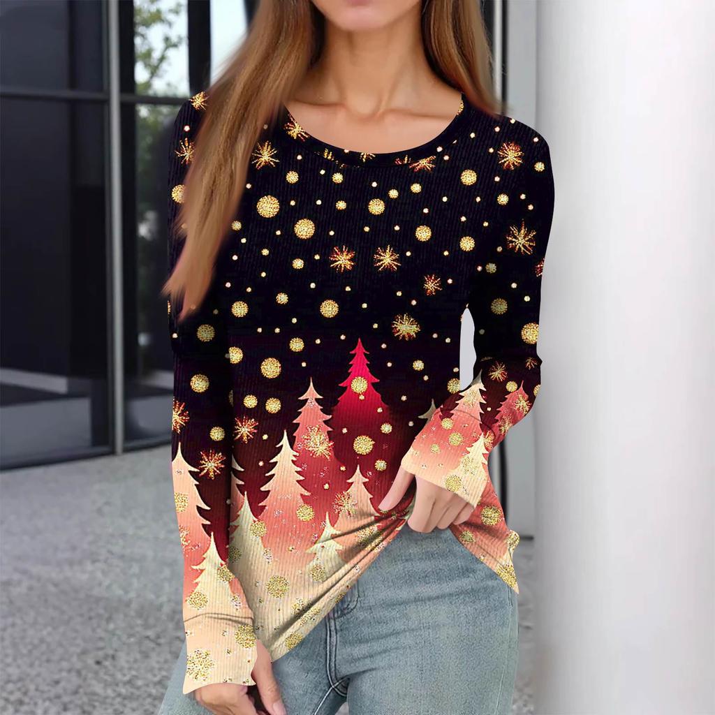 Women's Winter Slim Bottom T-shirt Fashion Casual Gradient Printing Round Neck Pullover Long Sleeve Top
