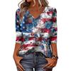 Women’s V Neck Three Quarter Sleeve Casual Top with Printed Star and Stripe Pattern and Floral Graphic Loose Fit Lightweight Shirt