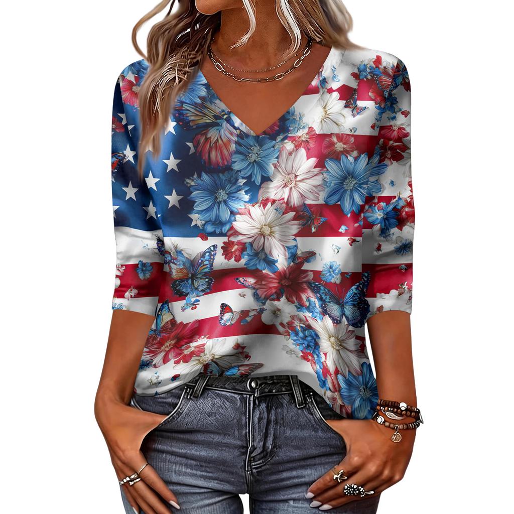Women’s V Neck Three Quarter Sleeve Casual Top with Printed Star and Stripe Pattern and Floral Graphic Loose Fit Lightweight Shirt