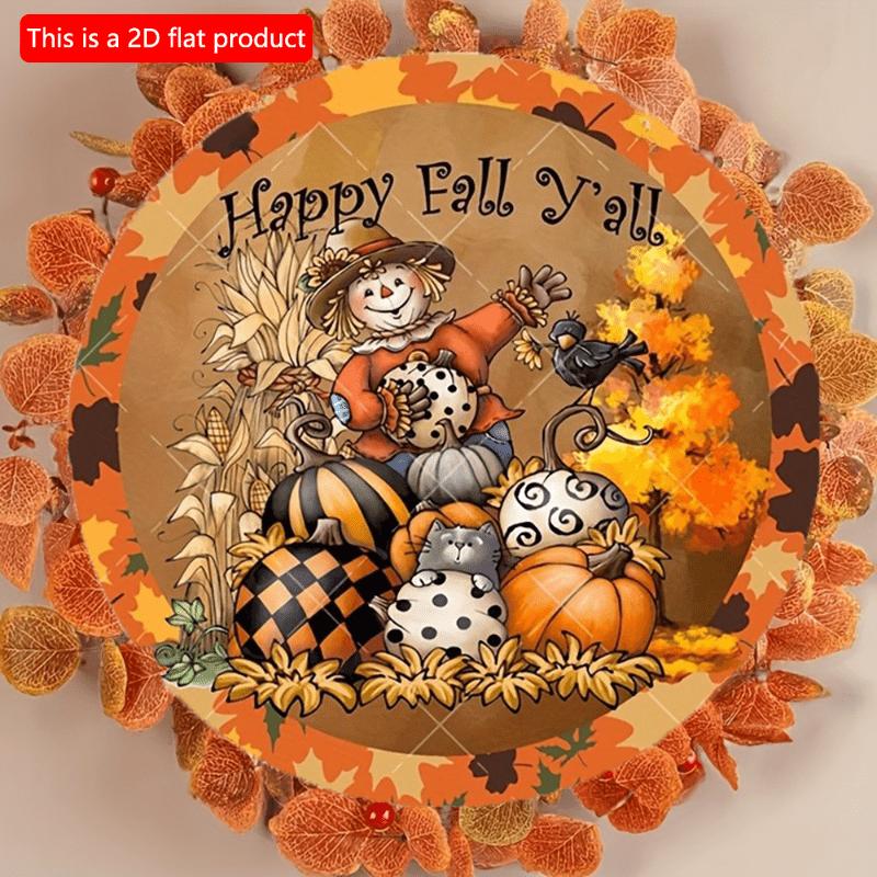 2D Flat 20*20cm, Autumn Home Decoration, Featuring A Wooden Circular Creative Logo Scarecrows and Pumpkins, Suitable for Home, Kitchen, Garden