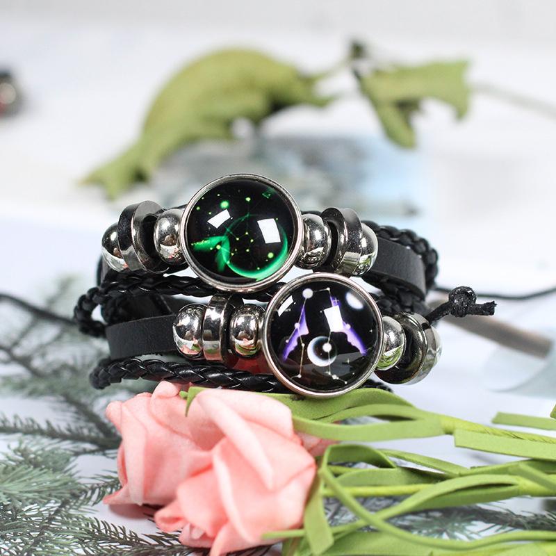 Leuchtendes Zwölf Sternbilder Kunstedelstein Armband ;Perlenseil PU-Leder 12 Sternzeichen Gewebtes Armband
