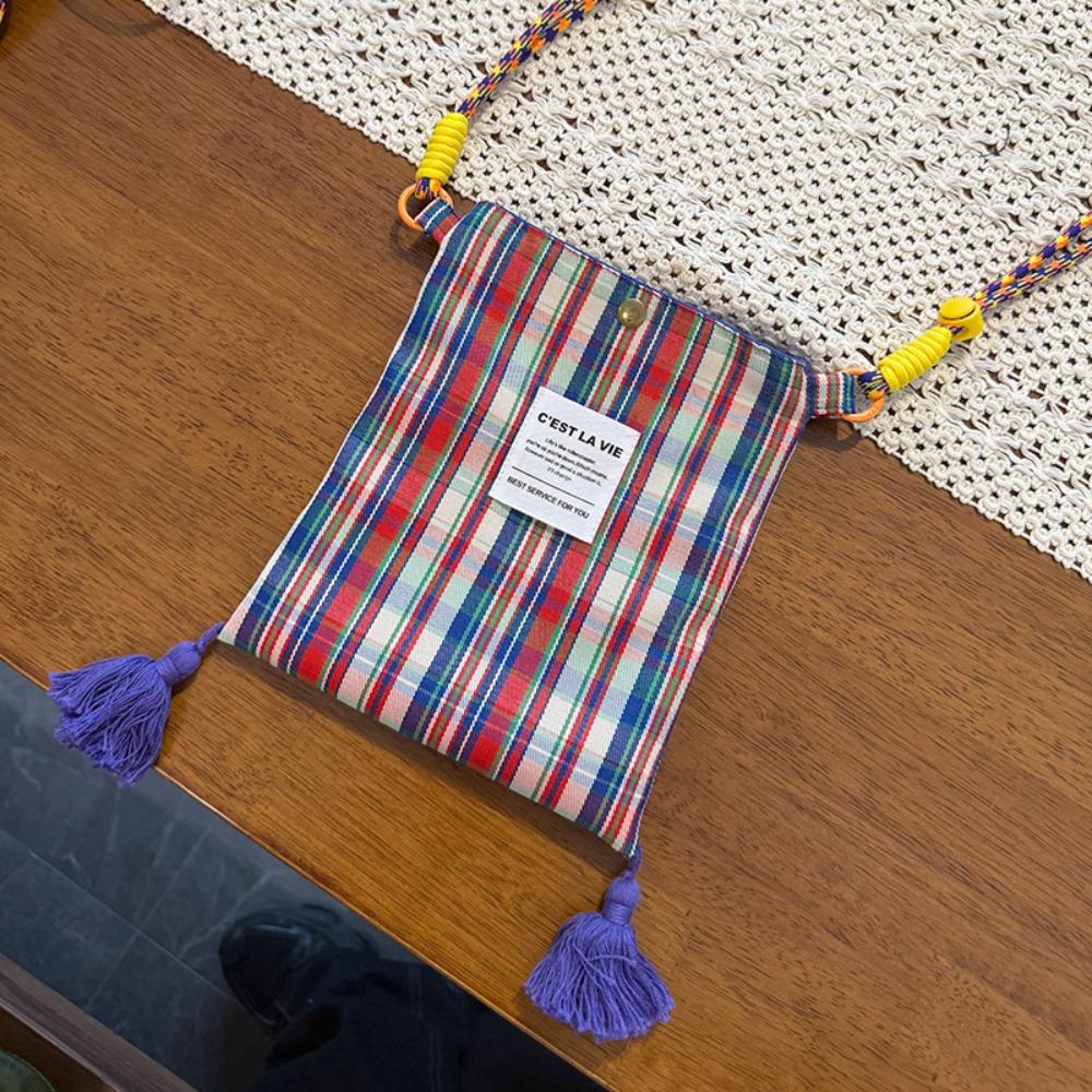 

Cloth Plaid Canvas Bag Printed Tassel Shoulder Bag Simple Ethnic Style Crossbody Bag Outdoor Style 7