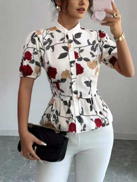Women's Bohemian Chic Floral Stand-Collar Short-Sleeve Shirt