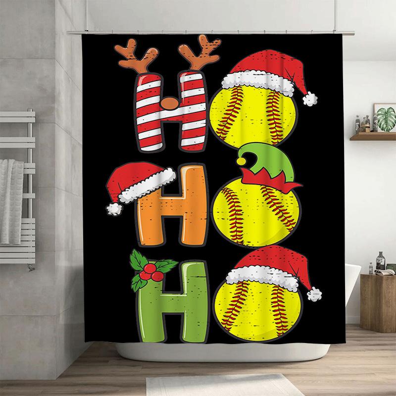 

Christmas Shower Curtain Funny Softball Reindeer Antlers, Black Bathroom Decor With Ho Pattern, Festive Holiday Fabric For Home W60H190(CM)-1 Pcs
