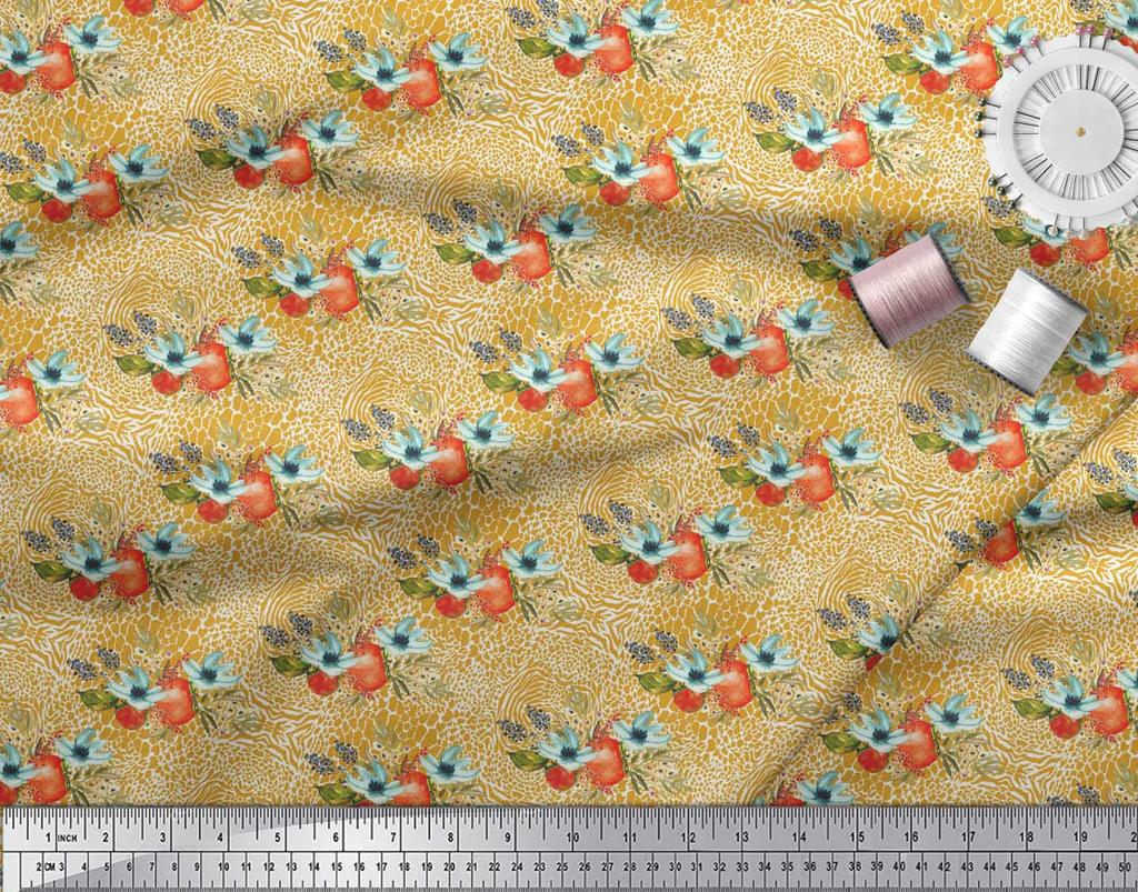 Soimoi Gold Japan Crepe Satin Fabric Tomato & Zephyranthes Floral Print Sewing Fabric metre 42 Inch