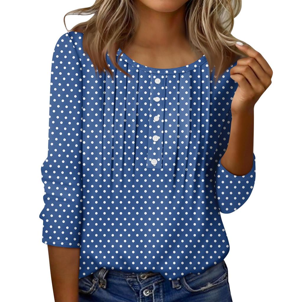 Women's Round Neck Pull Stripe Decorative Button Top Casual Solid Color 3/4 Sleeve T Shirt