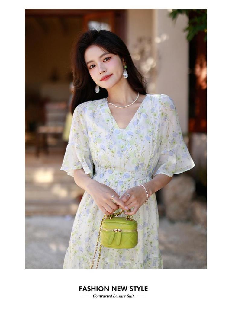 Women's Floral Chiffon Midi Dress - 2024 French Summer Slim Fit