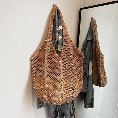Fashion Women Hollow Out Knitted Shoulder Bag Summer Beach Large Capacity Bead Decor Top Handle Shopper Crochet Tote Bag KTY