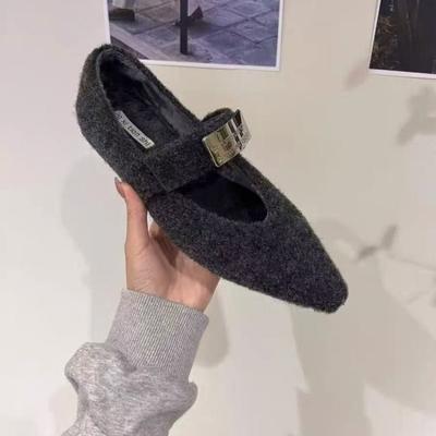 Inner Height Increase Pointed Mary Jane Gray Fluffy Shoes Women's New Autumn and Winter Velvet Cotton Shoes with Skirt Single Shoes