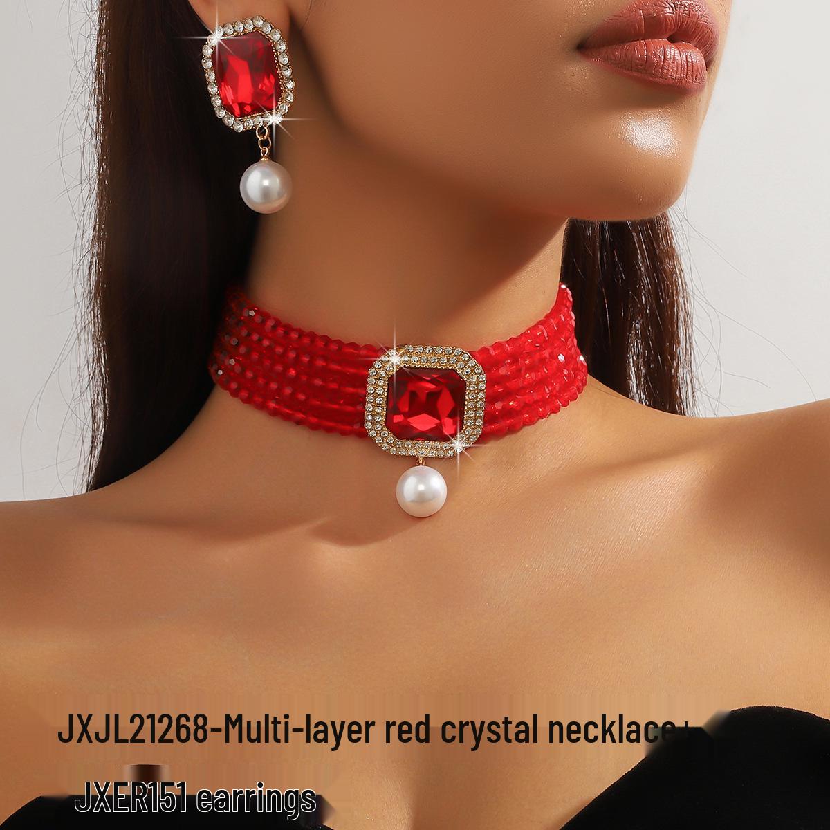 

Роскошное многослойное геометрическое хрустальное колье и набор красочных серег