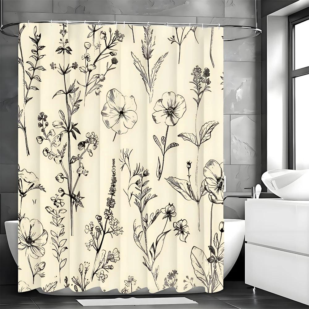 Czarno-beżowa kwiatowa zasłona prysznicowa, Dekoracyjna zasłona prysznicowa do łazienki, Wodoodporna zasłona prysznicowa z haczykami