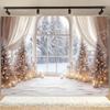 A Christmas Tree and a Polyester Background Cloth with a Snowy Scene Outside the Window  Suitable for Living Room Decoration