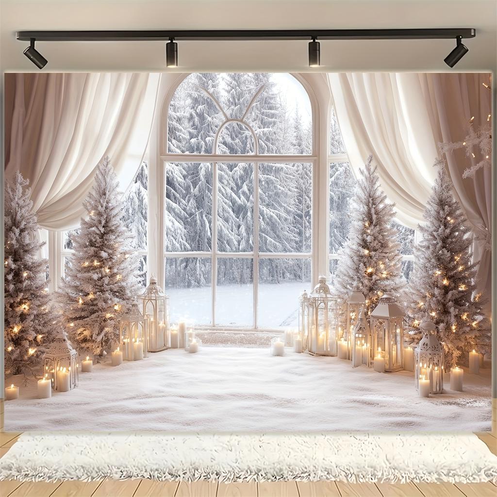A Christmas Tree and a Polyester Background Cloth with a Snowy Scene Outside the Window Suitable for Living Room Decoration