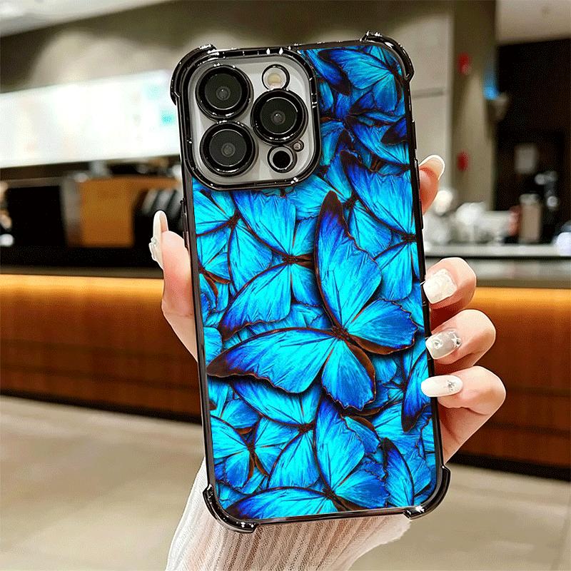 Blue Butterfly Aesthetics Plating Phone Case For Iphone 16 17 Pro Max Air 16E 14 15 Plus 12 13 Mini Anti-Fall Airabag Cover