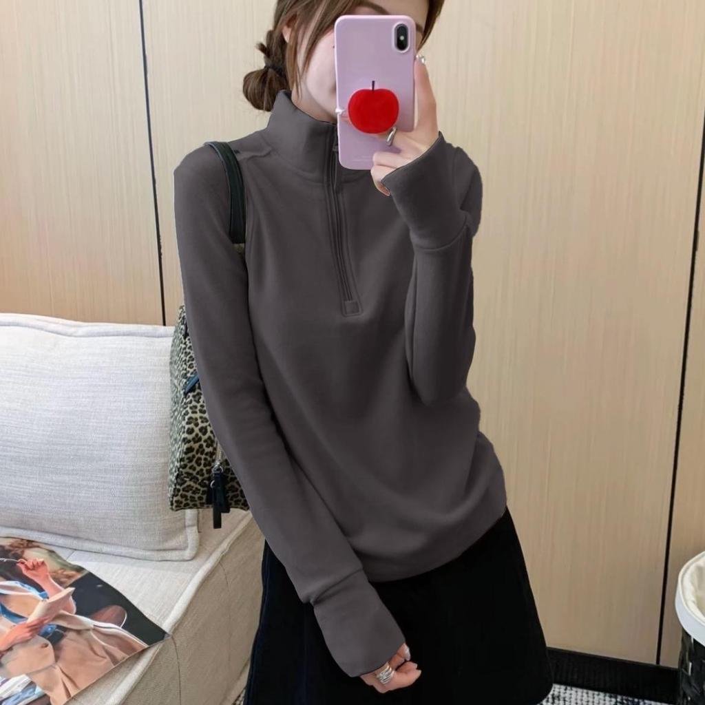 280g Double-Sided Thermal Fleece Half-Zip Women's Base Layer Top: Self-Heating, Temperature-Locking, Stand Collar, Slimming for Autumn/Winter.