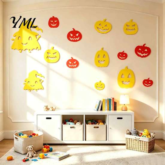 Matte Black Pumpkin Decor for Shop Window 11Pcs Halloween Mirror Wall Stickers, Self-Adhesive Acrylic Ghost Decals, DIY Removable Modern Art
