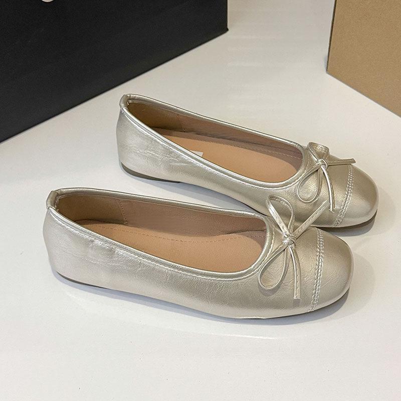 Französische Retro-Silber-Weichsohlen-Einzelschuhe Damenschuhe Sommer Damenschuhe Abend Schleife Ballerinas Goldene Oma-Schuhe