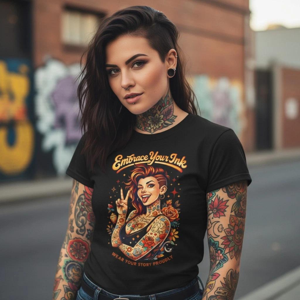 Tattooed Pinup Girl Embrace Your Ink Tee | Retro Tattoo Artwork S