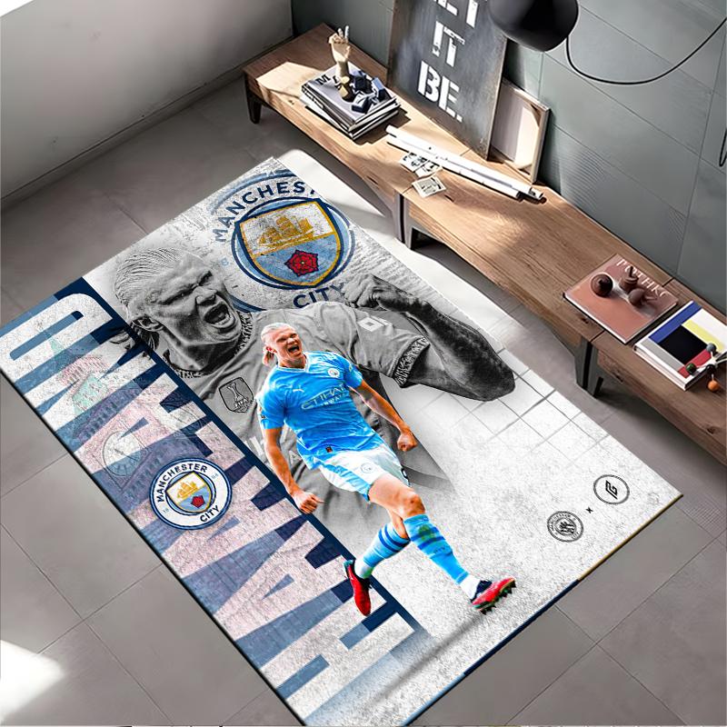 Soccer Star Area Rug, Erling Haaland Manchester City Blue Celebration Print, Football Fan Living Room Decor, Non-Slip Mat