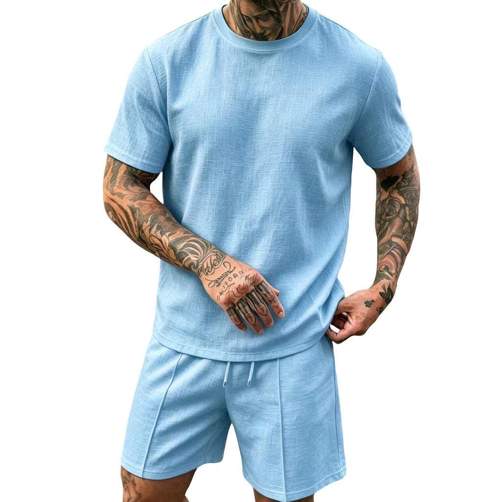 Herren Leinen Kurzarm Rundhals Oberteil und Shorts Set Leicht Atmungsaktiv Lässiges Sommer Outfit Geeignet für Draußen und Drinnen