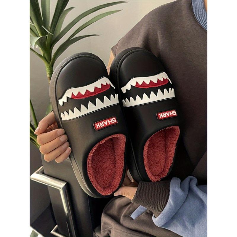 Men's & Women's Winter Fleece-Lined Slip-On Slippers with Cartoon Shark Design - High Quality Non-Slip EVA Sole, Thickened Warm PU Upper for Indoor