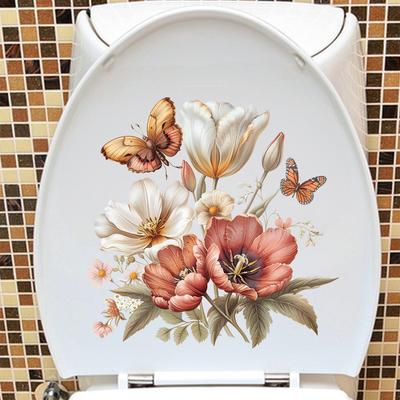 Frischer Stil Blumen und Schmetterlinge Toiletten- und Wandaufkleber Set Wasserdicht Selbstklebend Abziehbild für Badezimmer WC Dekoration