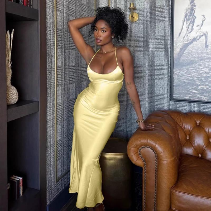 

Sexy Satin Slim Dress Summer Hot Sale Tube Top Backless Long Dress for Women Wholesale S жёлтый