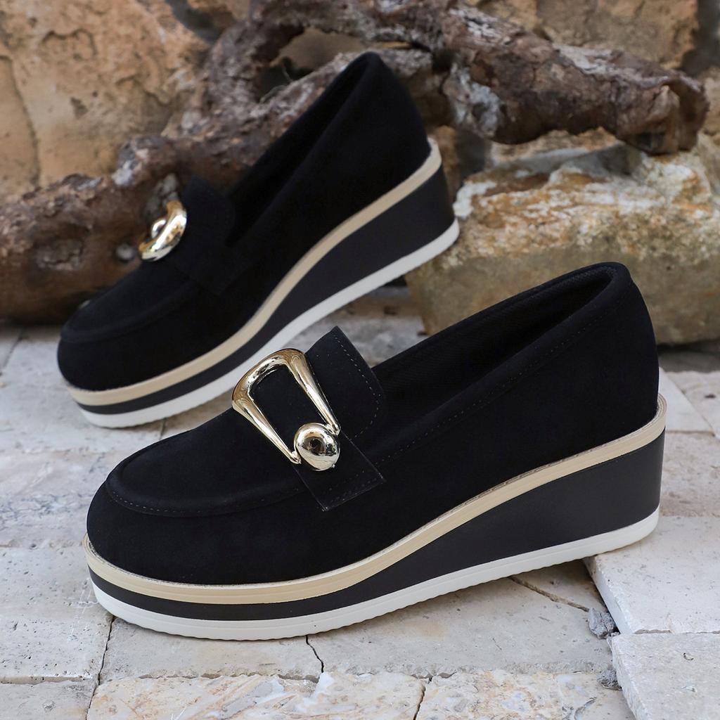 Keilabsatz flache Schuhe für Damen – Frühling/Herbst Neu Große Größen Plateau Dicke Sohle Runde Spitze Modisch Metall Detail Schlupfschuhe