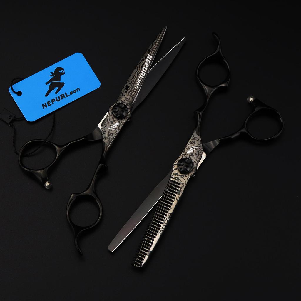 MCG-15 Black Damascus Hairdressing Scissors Set: Straight, Serrated, Thinning Scissors for Salons.