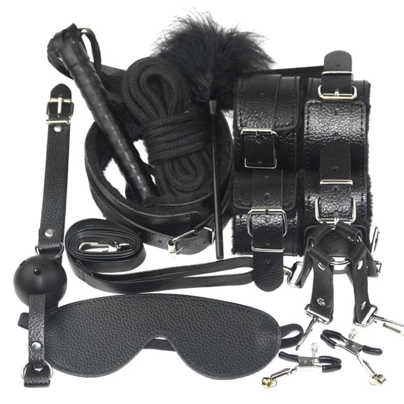 Kits Sexy Leather Plush Sex Bondage Set Handcuffs Sex Games Whip Gag Nipple Clamps Sex Toys For Couples Exotic Accessories