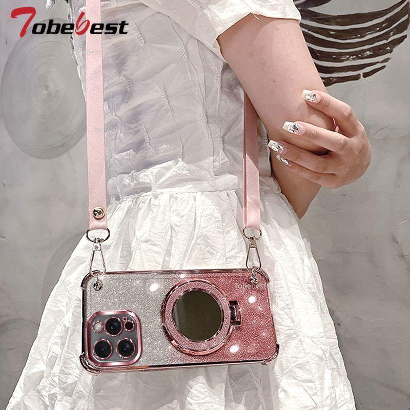 Crossbody Lanyard Shockproof Glitter Plating Mirror Magsafe Holder Case for iPhone 16E 16 15 14 Plus 13 12 11 Pro XS Max XR X