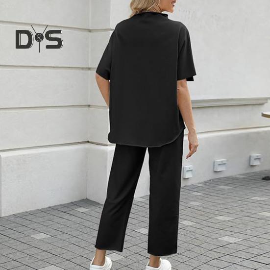 2 ks/sada Dámske Top nohavice Súprava Polovysoký golier Blúzka so širokými nohavicami Elastický pás Nohavice s vreckami Voľný outfit na voľný čas